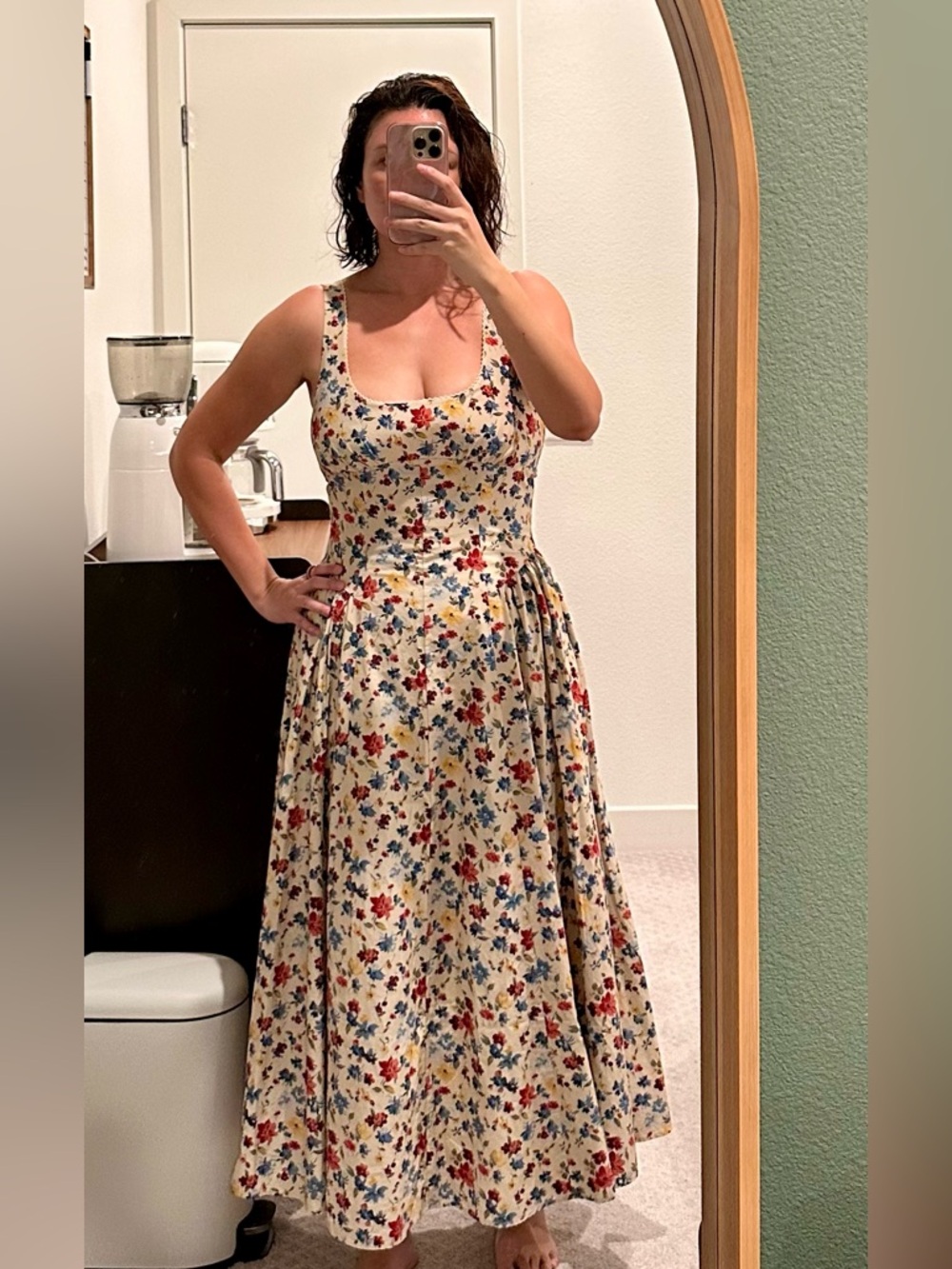 Abercrombie & Fitch Cream Floral Midi Dress with Red & Blue Flowers